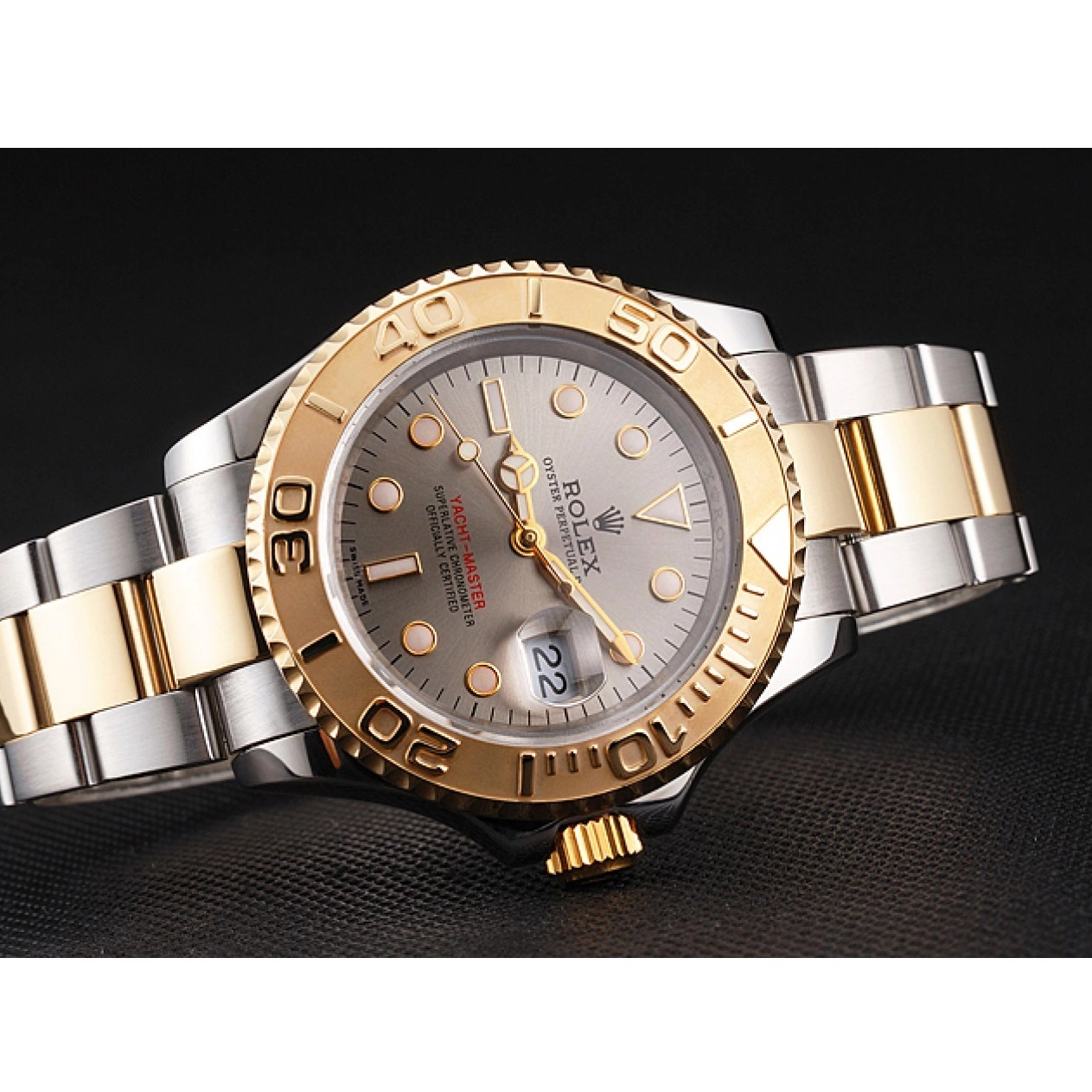 Aaa replica watch Two Dial Rolex Case Swiss Steel Tone Dial Stainless Gold Yacht-Master Gray Bezel 0525